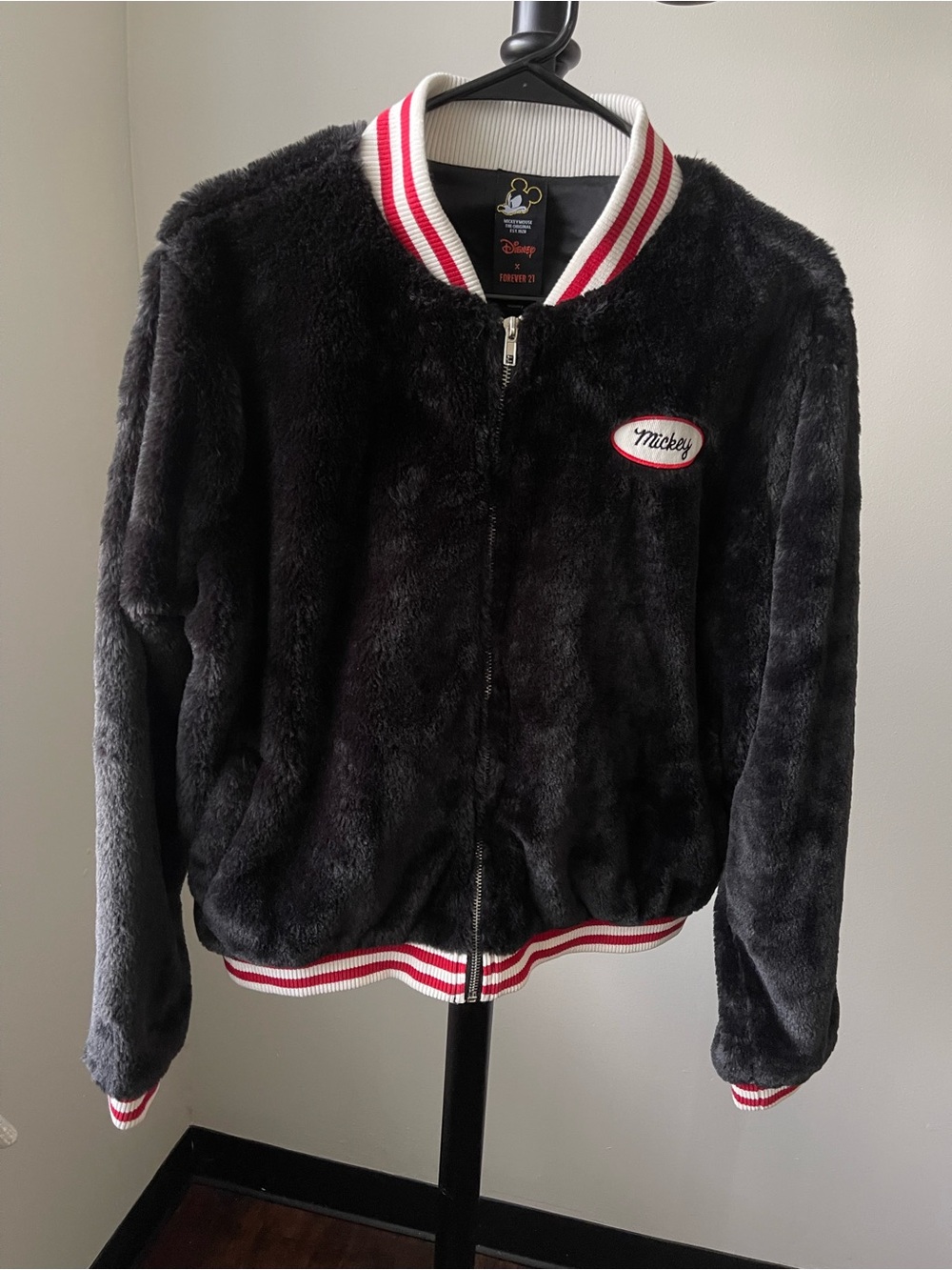 DISNEY JAPAN Forever 21 Black MICKEY MOUSE Faux-Fur Teddy Bomber Jacket Large